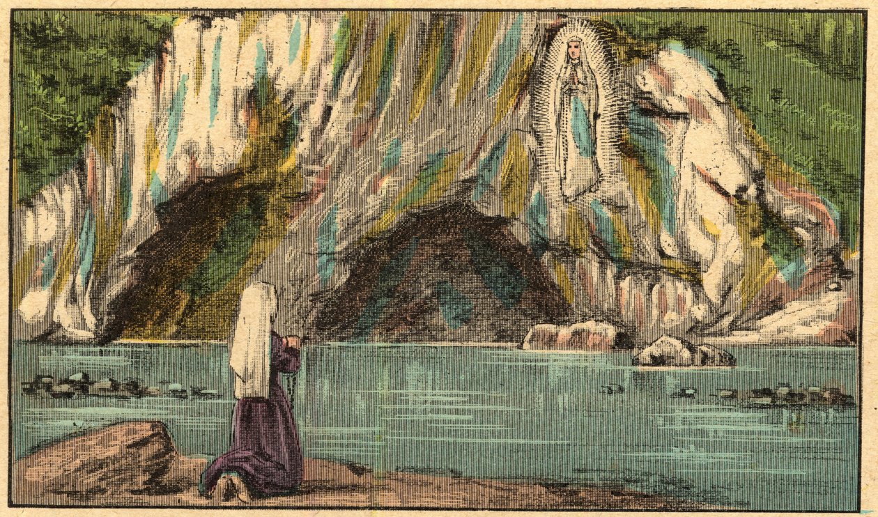 A Aparição da Virgem Maria em Lourdes - A Virgem aparece a Bernadette Soubirous (1844-1879) em Lourdes em 1858 - - Gravura de “” Ensino religioso pelos olhos. Wonderful Album” de Louis Maitrejean e Georget Ramond - França 1910 de Louis Maitrejean