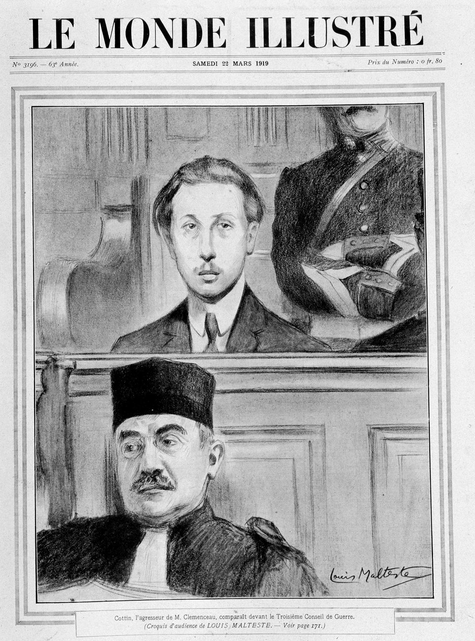 Cena de julgamento. "Eugene Cottin, o agressor de Georges Benjamin Clemenceau, compareceu perante o 3º Conselho de Guerra" (esboço de audiência de Louis Malteste) - no "Le Monde Illustré" de 15/02/1919 de Louis Malteste