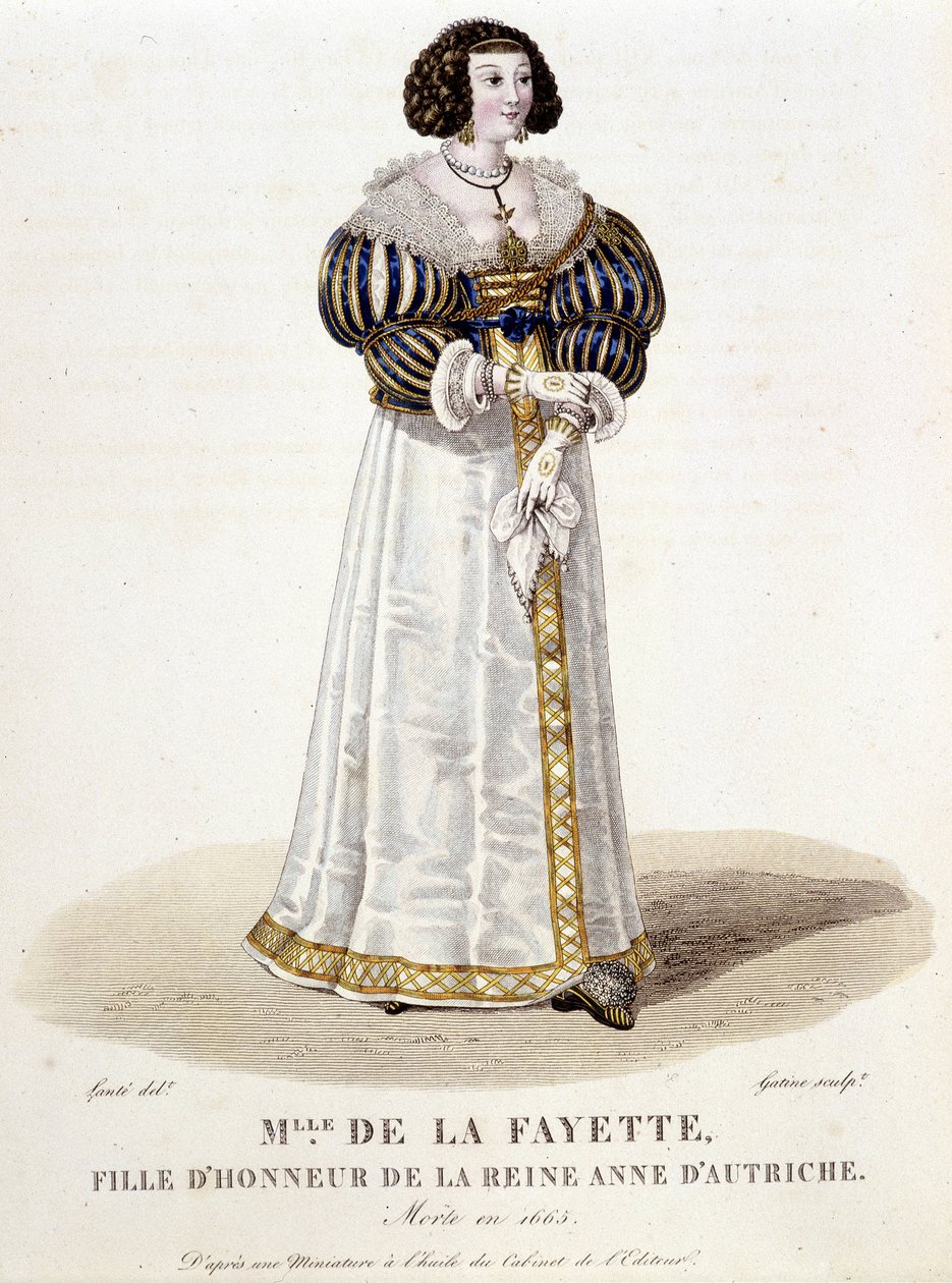 Marie-Madeleine (Marie Madeleine) Pioche de La Vergne, Condessa de Lafayette (Madame de la Fayette) (1634-1693), filha de honra da Rainha Ana da Áustria. Na "Galerie francaise de femmes célèbres". de Louis Marie Lante