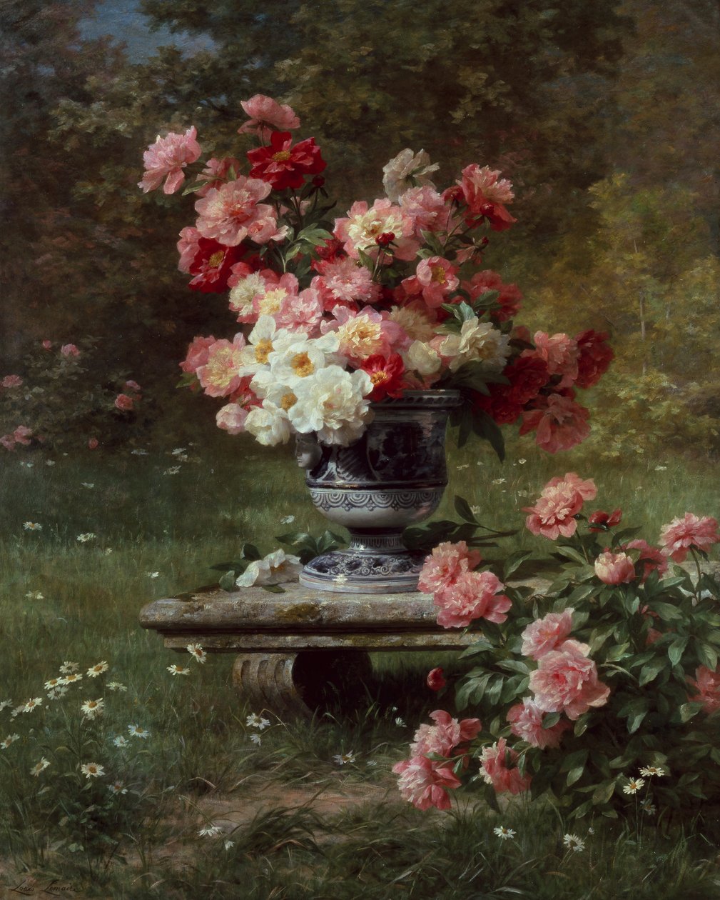 Peônias em uma urna em um jardim (óleo sobre tela) de Louis Marie Lemaire