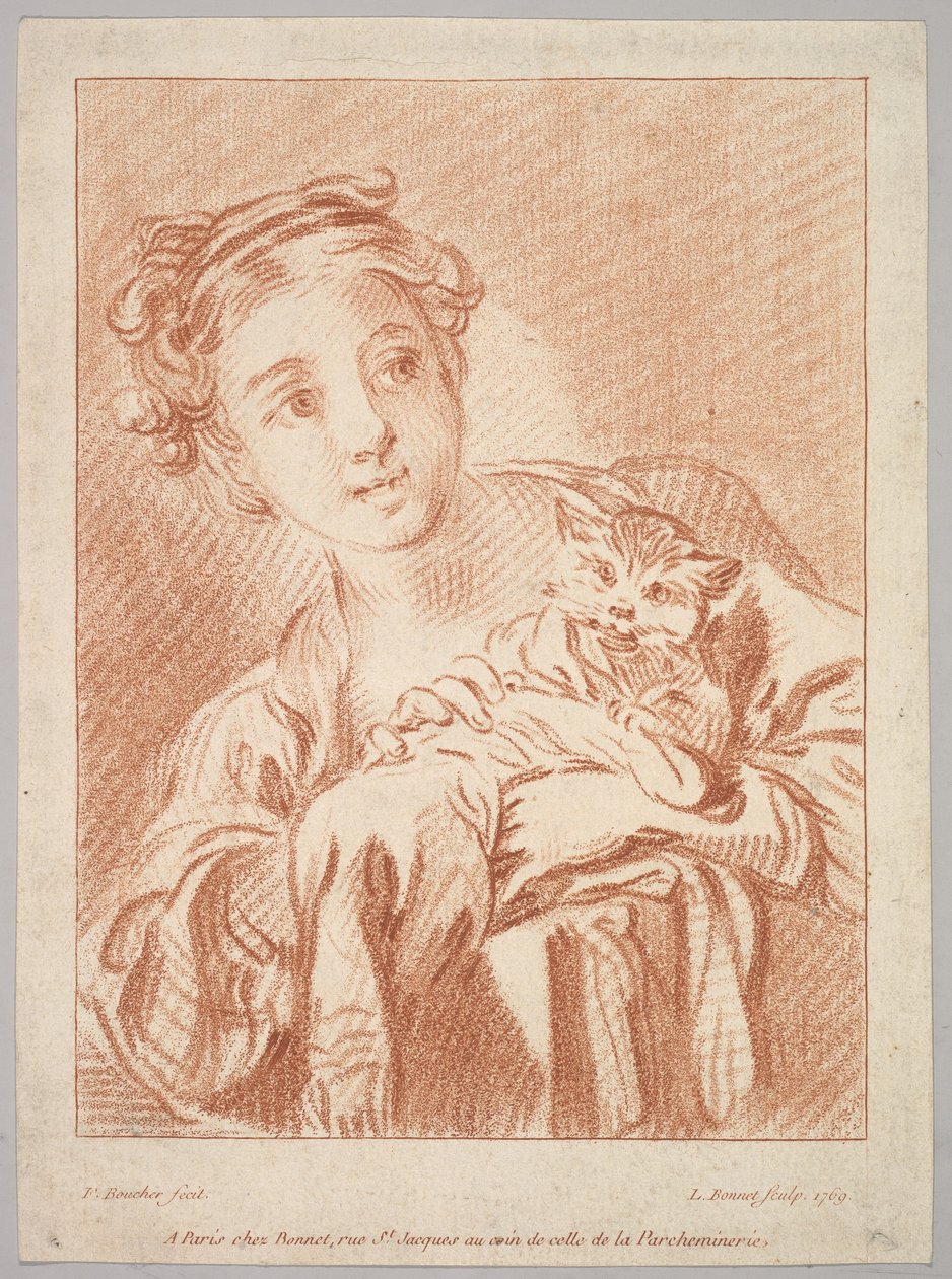 Uma jovem garota segurando um gato, 1769. de Louis Marin Bonnet