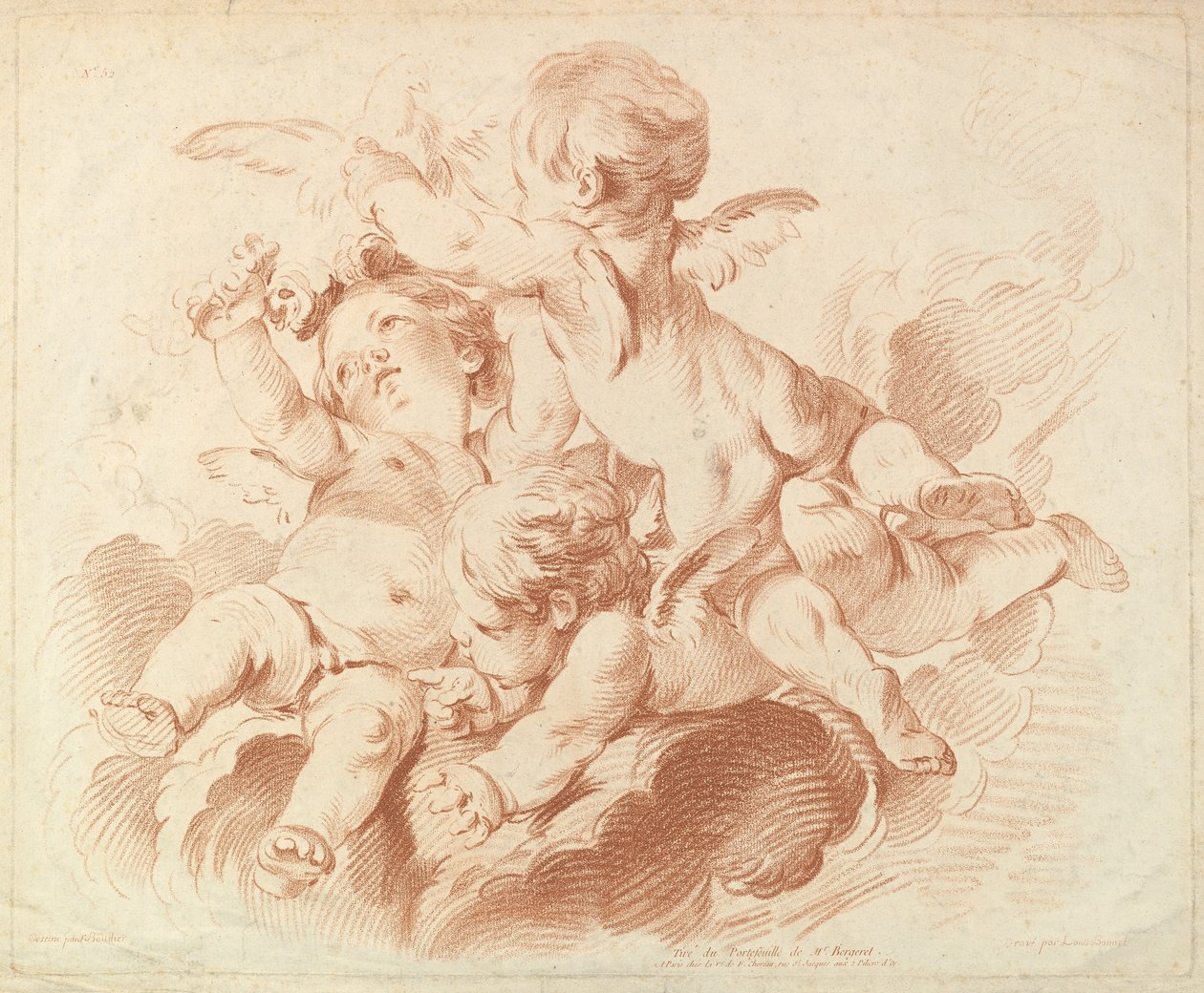 LAIR THE AIR: Um grupo de três Putti on Clouds, século XVIII. de Louis Marin Bonnet