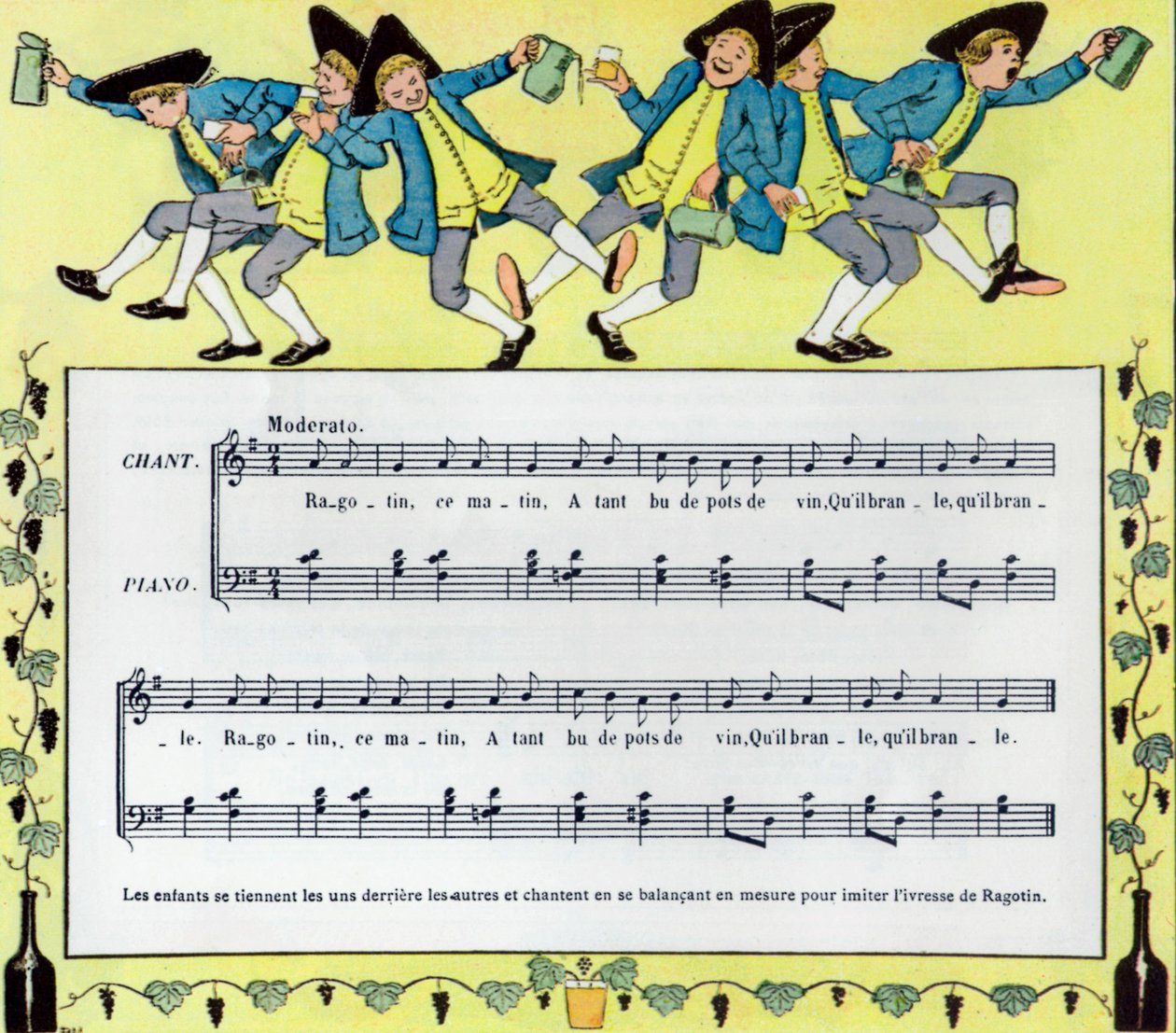 Partitura e ilustração por Louis Maurice Boutet de Monvel da canção infantil Ragotin de Louis Maurice Boutet de Monvel