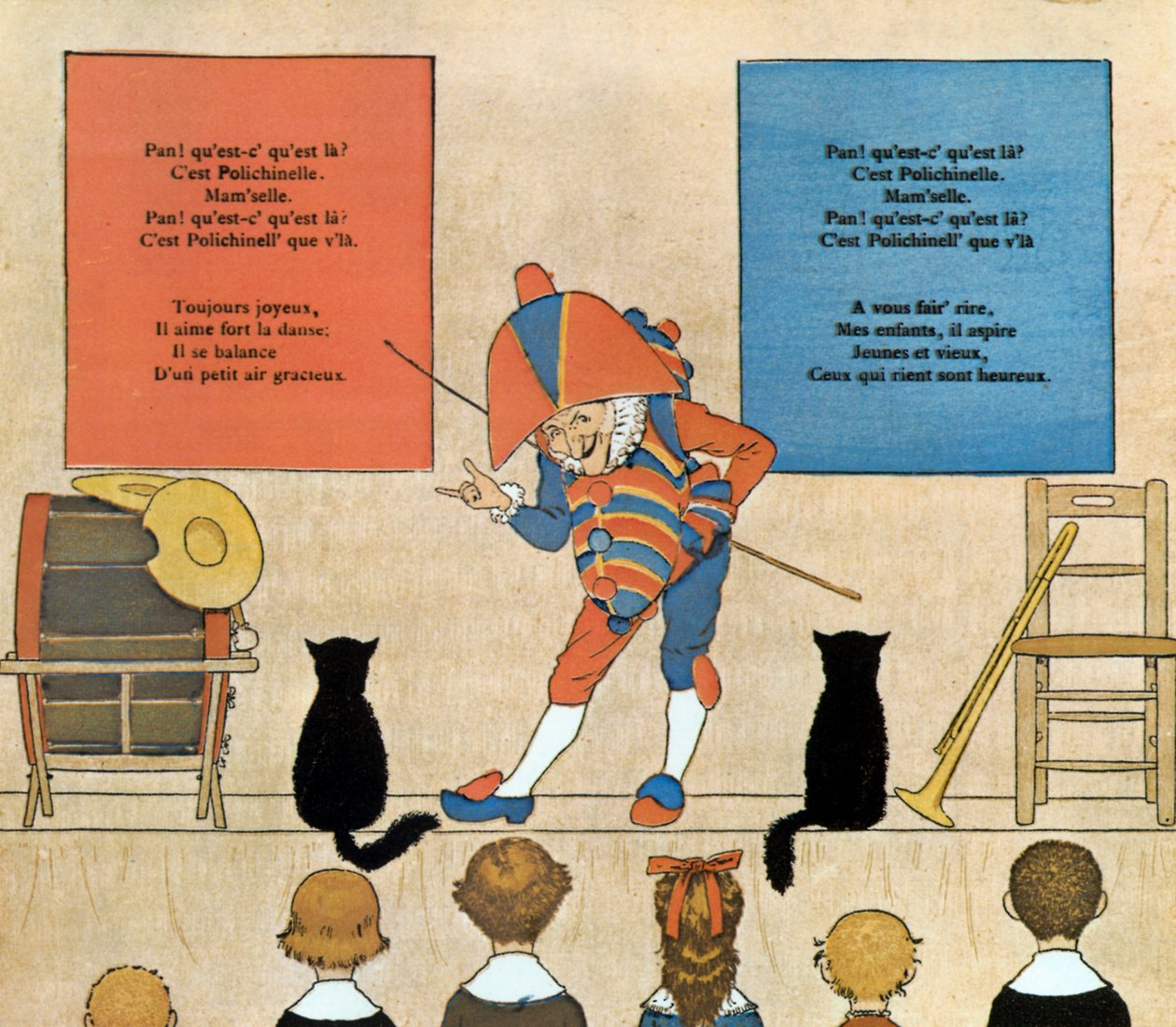 Placar e ilustração da música infantil Punchinello, 1898 de Louis Maurice Boutet de Monvel