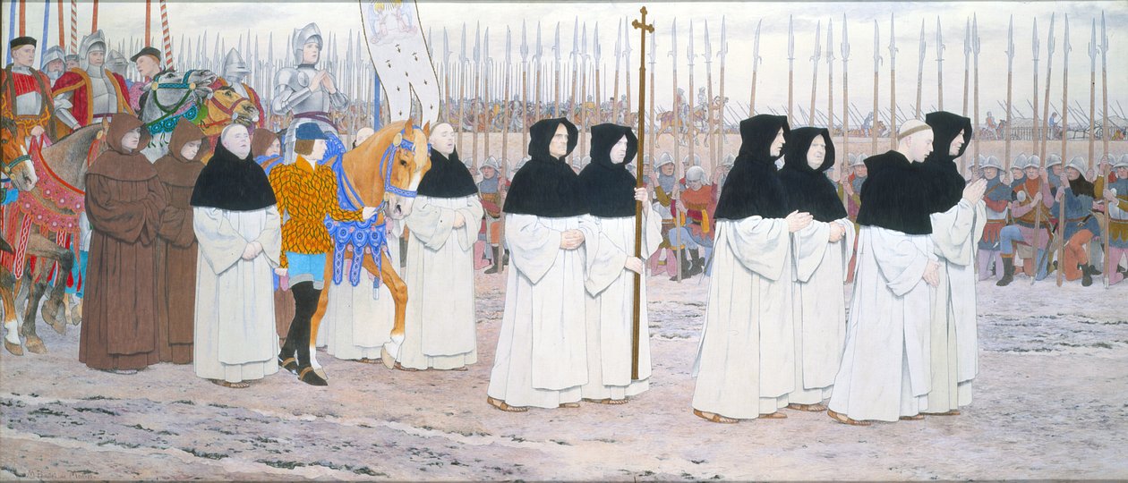 A Donzela em Armadura a Cavalo, de Joana d&39;Arc Série C, c.1905-11 (óleo e folha de ouro sobre tela) de Louis Maurice Boutet de Monvel
