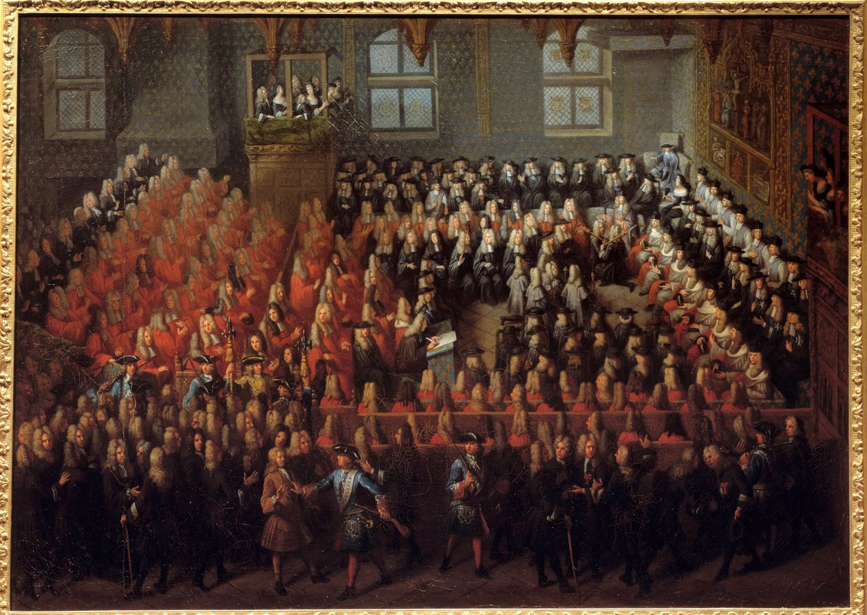 Cama de Justiça realizada por Luís XV (1710-1774) na Grande Câmara do Parlamento de Paris para quebrar a vontade de Luís XIV (1638-1715) de Louis Michel Dumesnil