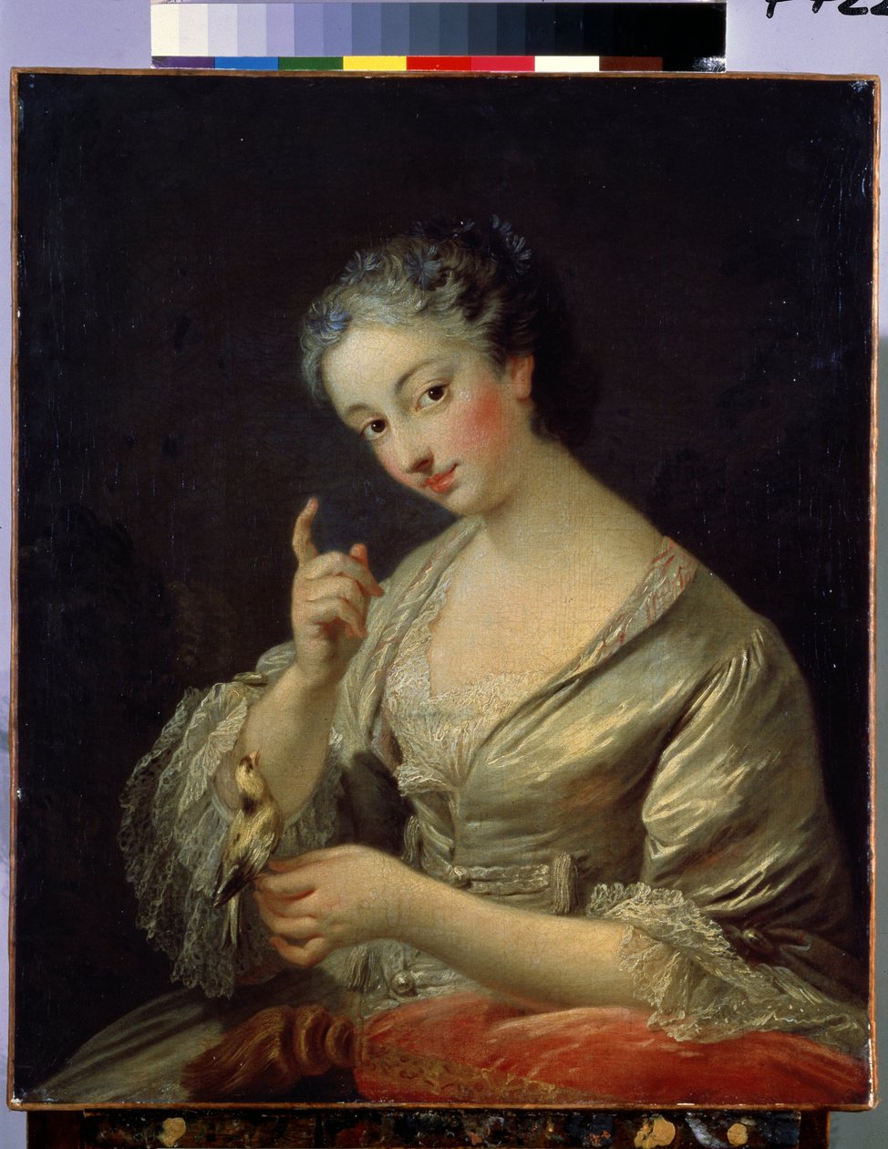 Mulher com um pássaro (Senhora com um pássaro). Pintura de Louis Michel Van Loo (1707-1771). Óleo sobre tela, 64 x 53,5 cm, século XVIII. Arte francesa, estilo rococó. Museu Hermitage, São Petersburgo. de Louis Michel van Loo