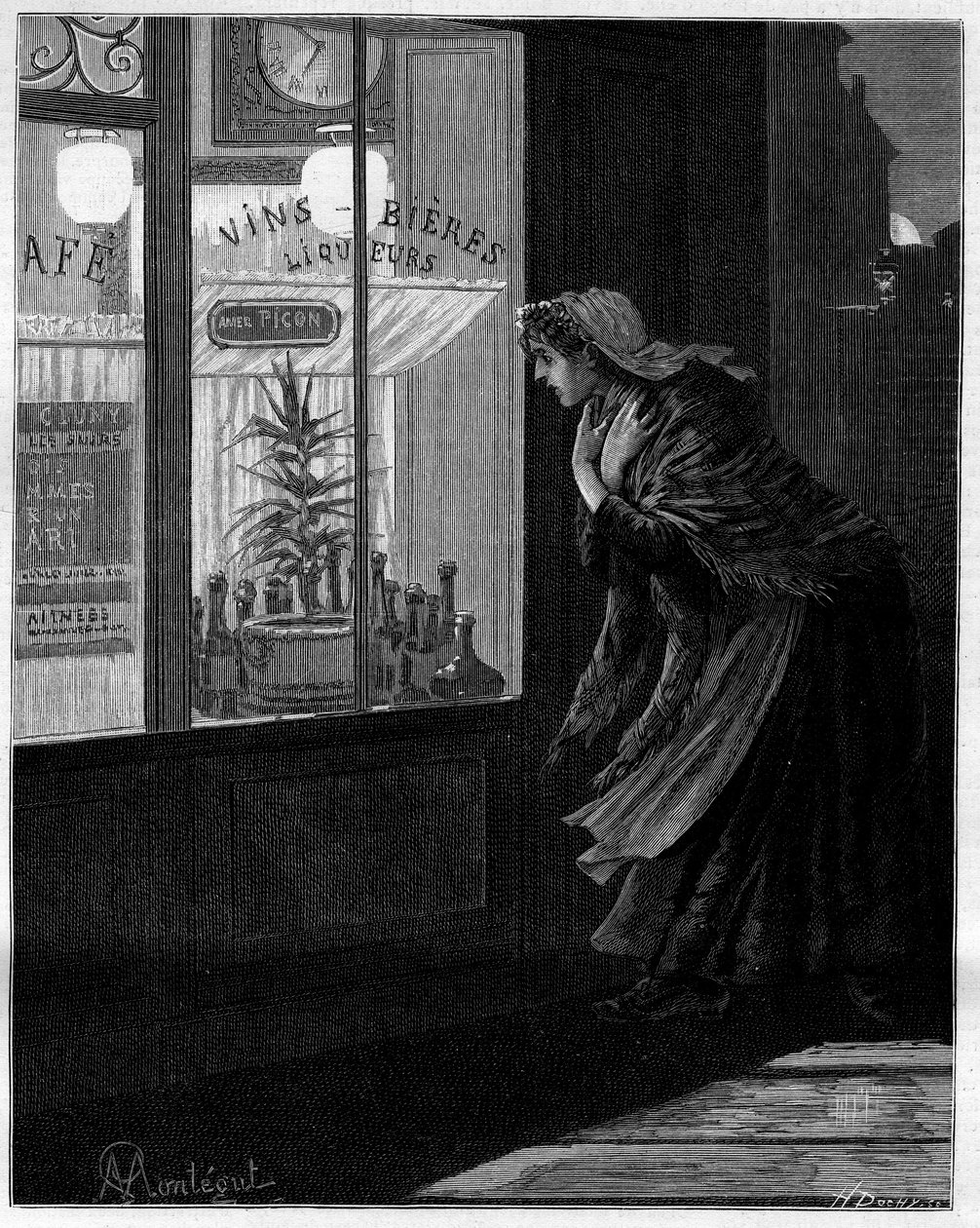 Em frente destas janelas baixas, apenas iluminadas nas ruas desertas, passa uma pequena sombra e volta destemidamente... Mulher a olhar através do vidro de um café parisiense. Na colecção autobiográfica "Trento ans de Paris" de Alphonse Daudet (1840-1897). de Louis Montegut