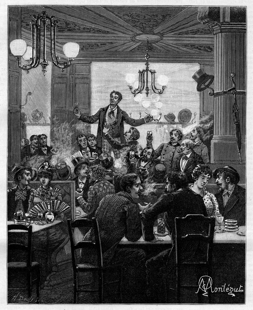No meio, sobre uma mesa, o Desroches lidera o charivari. Cena em um café parisiense: as pessoas cantam, bebem, fumam, conversam e paqueram ao redor das mesas. Na colecção autobiográfica "Trento ans de Paris" de Alphonse Daudet (1840-1897). Gravura depois d de Louis Montegut
