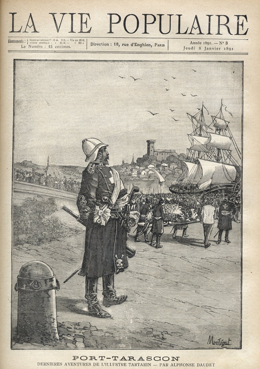 Homem a observar uma profanação do Tarasco no porto da ilha de Port Tarascon. Ilustração de Montegut para "Port-Tarascon" de Alphonse Daudet (1840-1897). Gravura a partir de 1891 em "La vie populaire". Coleção Particular de Louis Montegut