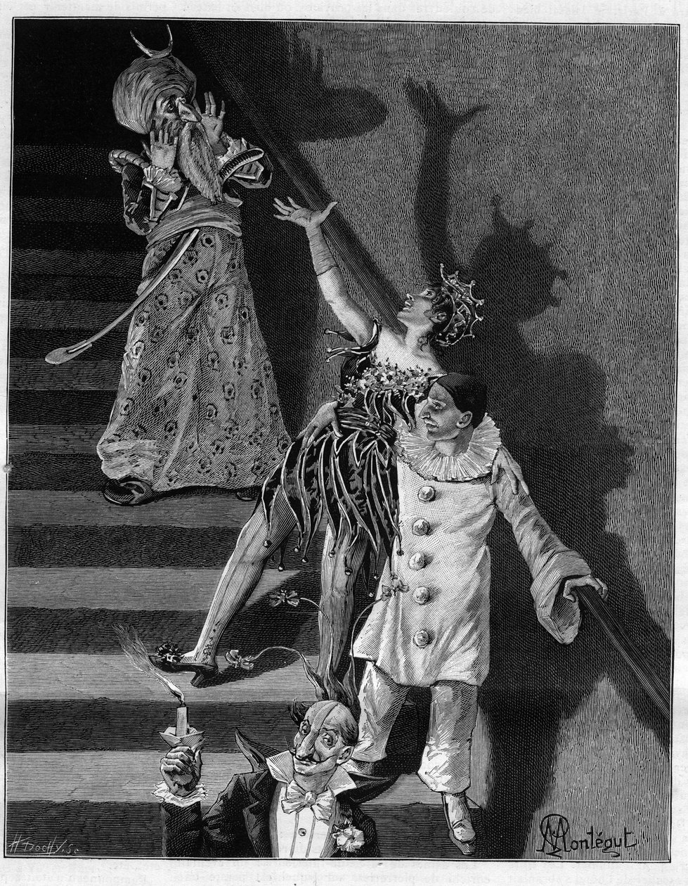 Na noite do baile de máscaras, a escadaria estreita do hotel tremia sob os degringolamentos frenéticos ou os sinos de um boné de loucura a cada vez. Na colecção autobiográfica "Trento ans de Paris" de Alphonse Daudet (1840-1897). Gravura depois de Mon de Louis Montegut