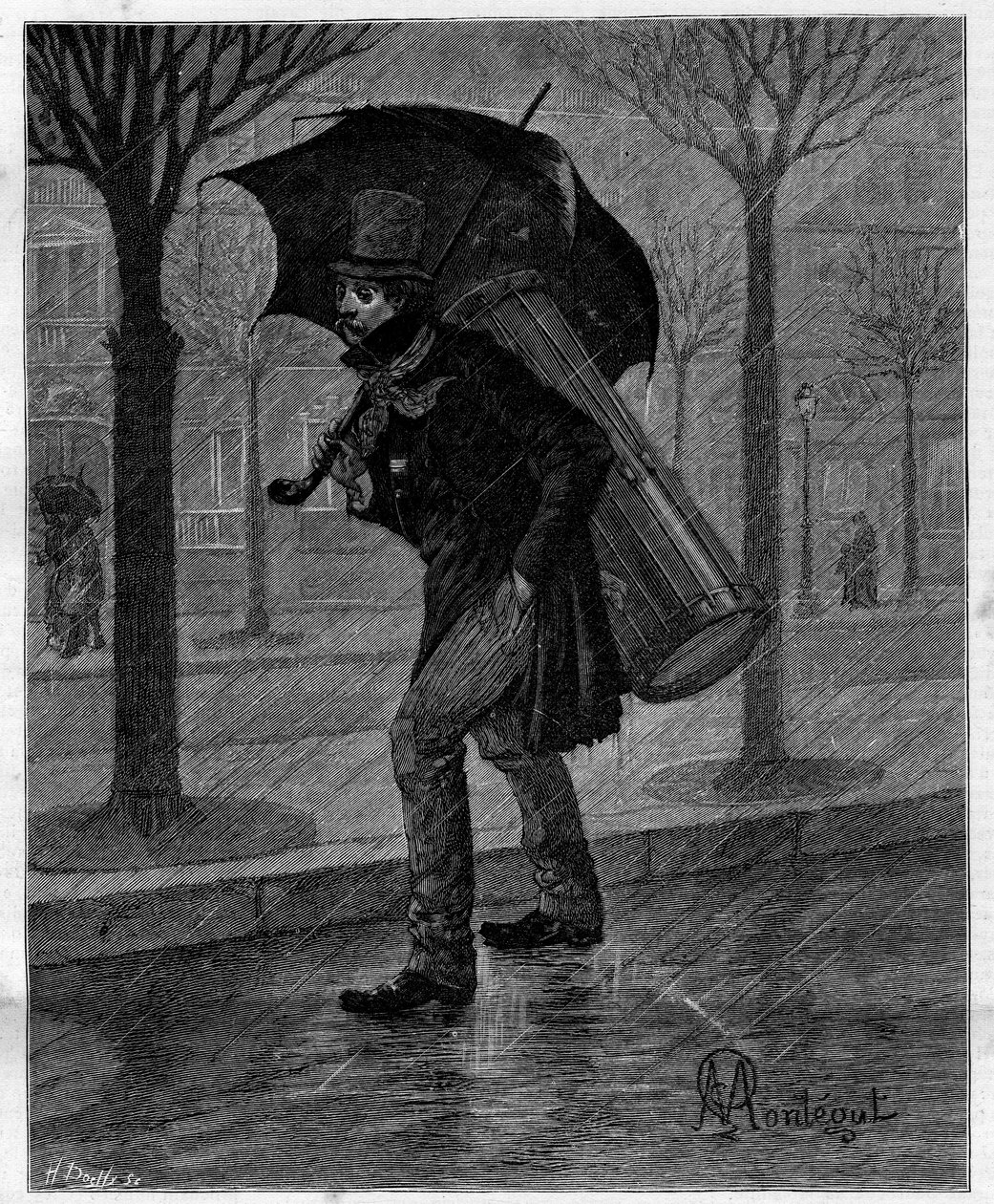 Má colheita! Pobre cigarra molhada! ... Tocador de tambor na miséria andando na chuva nas ruas de Paris. Na colecção autobiográfica "Trento ans de Paris" de Alphonse Daudet (1840-1897). Gravura depois das ilustrações de Montegut em "Le Monde illustriou de Louis Montegut