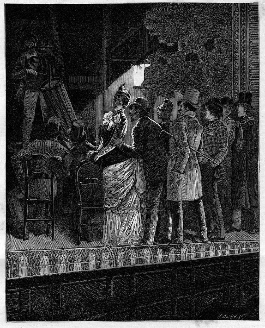 Que efeito, grande deus, produziu sobre este público céptico esta música rústica... Espectadores a ouvir um tocador de bateria. Na colecção autobiográfica "Trento ans de Paris" de Alphonse Daudet (1840-1897). Gravura depois das ilustrações de Montegut em " de Louis Montegut