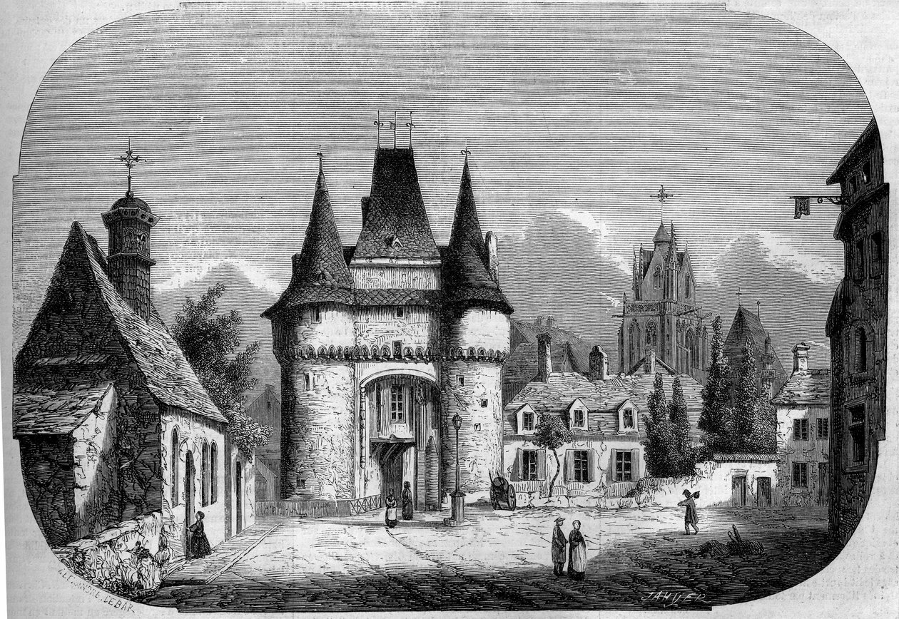 Arquitetura: vista do portão Saint Julien (1460-1483), No fundo, vista da igreja gótica Notre Dame des Marais (1450-1623). La Ferte Bernard, Sarthe (72) de Louis Moullin