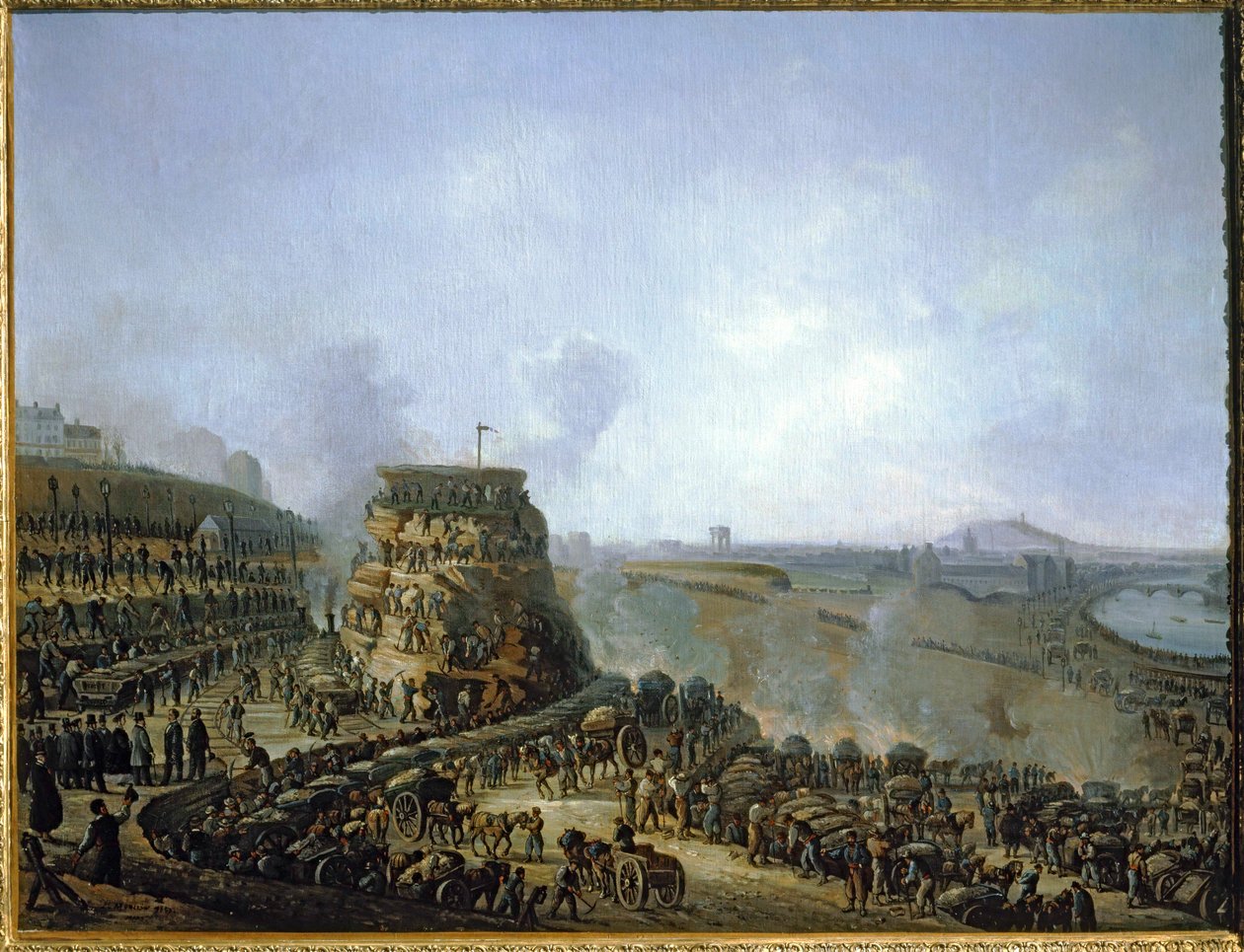 O imperador Napoleão III e a imperatriz Eugénia em visita à colina de Chaillot ... (pintura sobre tela) de Louis Moullin