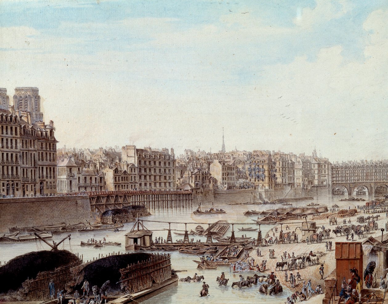 Vida marítima nas docas do porto de Paris em 1782 Peniches e actividades comerciais no Sena. Detalhe. Desenho de Louis de Lespinasse (1734-1808) 1782. Paris, Musee Carnavalet de Louis Nicolas de Lespinasse