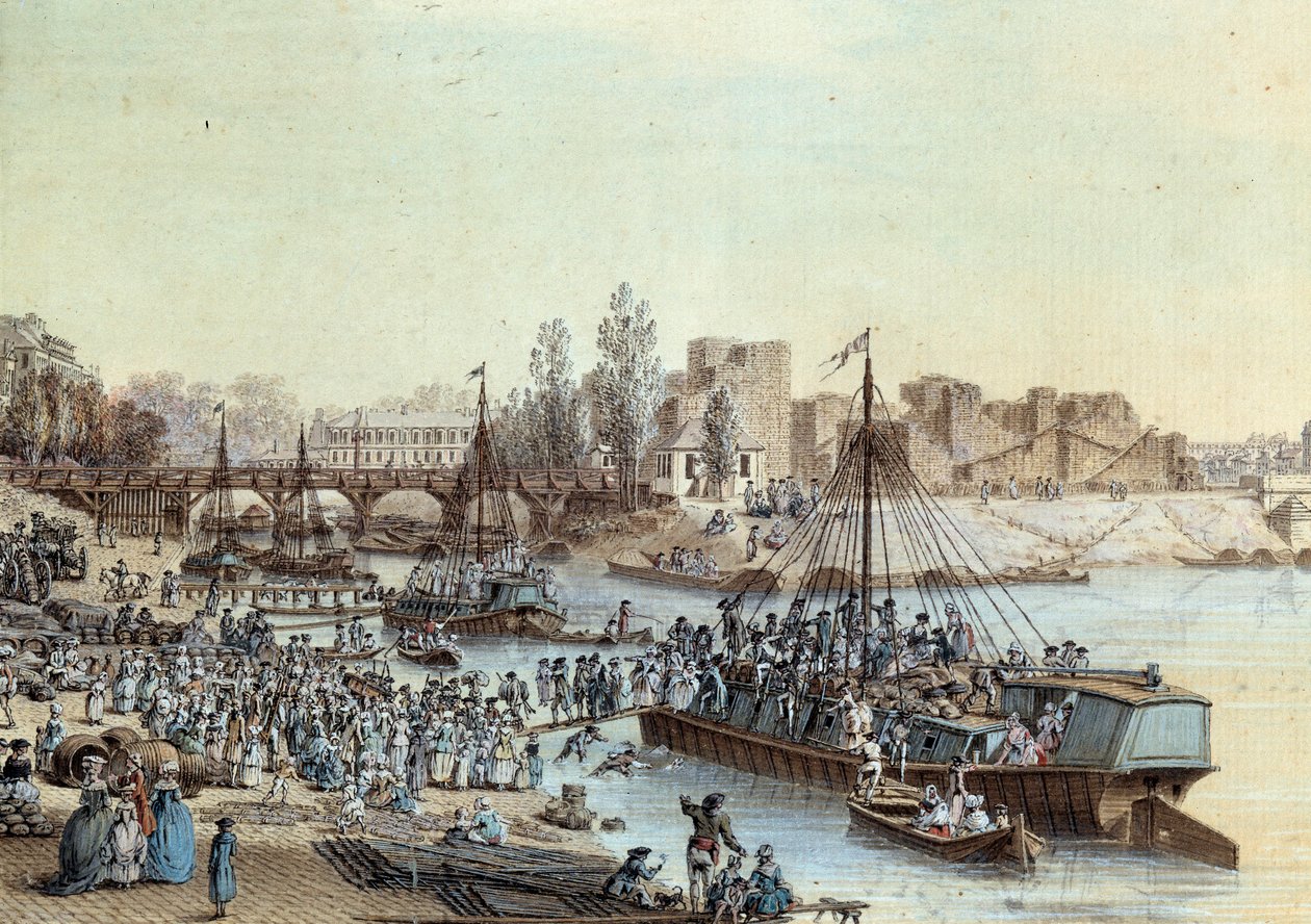 Navio de navegação carregou passageiros chegando ao cais. Desenho de Louis de Lespinasse (1734-1808) 1782. Paris, Musee Carnavalet de Louis Nicolas de Lespinasse