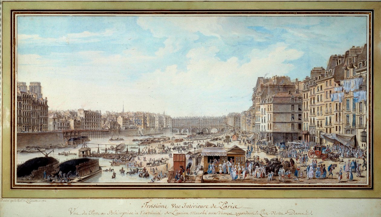 Vista do porto da baleia, tirada da então velha Marche aux veaux em direcção à ponte Notre-Dame em Paris Watercolour de Louis Nicolas de Lespinasse (1734-1808). 1782. Paris, Musee Carnavalet de Louis Nicolas de Lespinasse