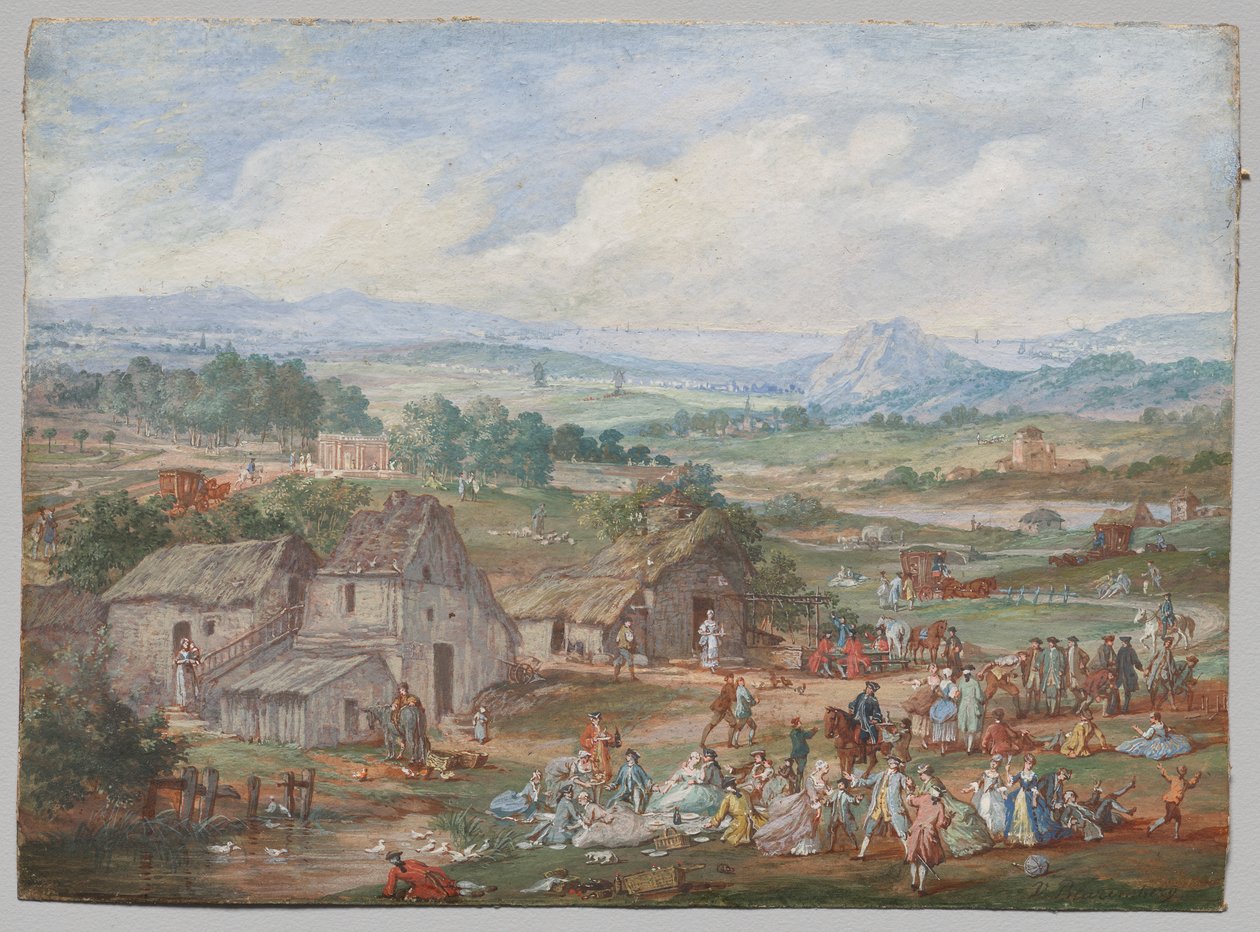 Uma festa fazendo piquenique perto de uma vila de Louis Nicolas van Blarenberghe