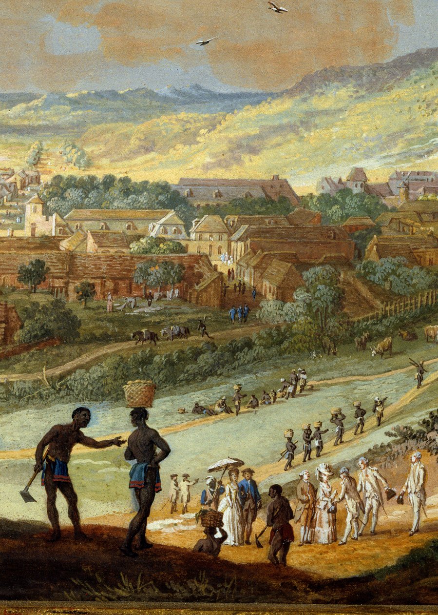 Detalhe: "Vista da cidade de Cabo Francais (Cap de la Republique) vista da colina em Santo Domingo" Detalhe. Pintura de Louis Nicolas Van Blarenberghe (1716-1794) 1779 La Rochelle, Musee du Nouveau Monde. de Louis Nicolas van Blarenberghe