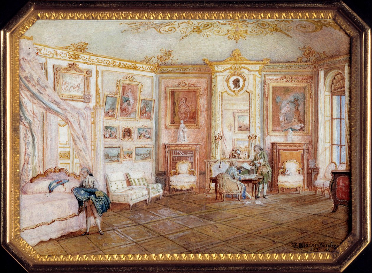 Tampa de um tabatiere de Alexandre Leferre (ca. 1806-ca. 1838) decorado por Louis Nicolas Van Blarenberghe (1716-1794) representando uma sala sob Louis XV. Por volta de 1770. Sol 0,02x0,08x0,06 m Paris, musee du Louvre de Louis Nicolas van Blarenberghe