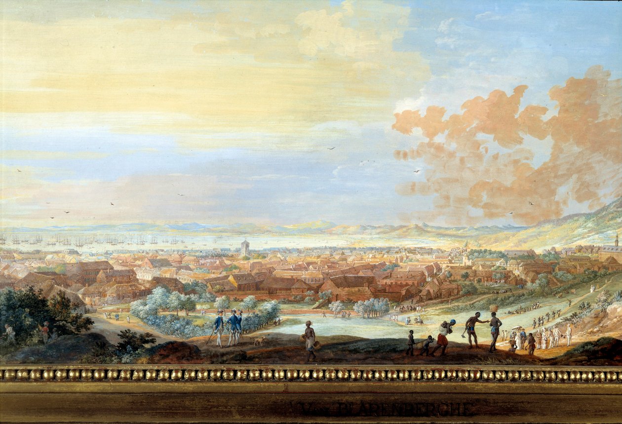 Vista da cidade de Cap francais (Cap de la Republique) vista da colina em Santo Domingo Detalhe. Pintura de Louis Nicolas Van Blarenberghe (1716-1794) 1779 La Rochelle, Musee du Nouveau Monde. de Louis Nicolas van Blarenberghe