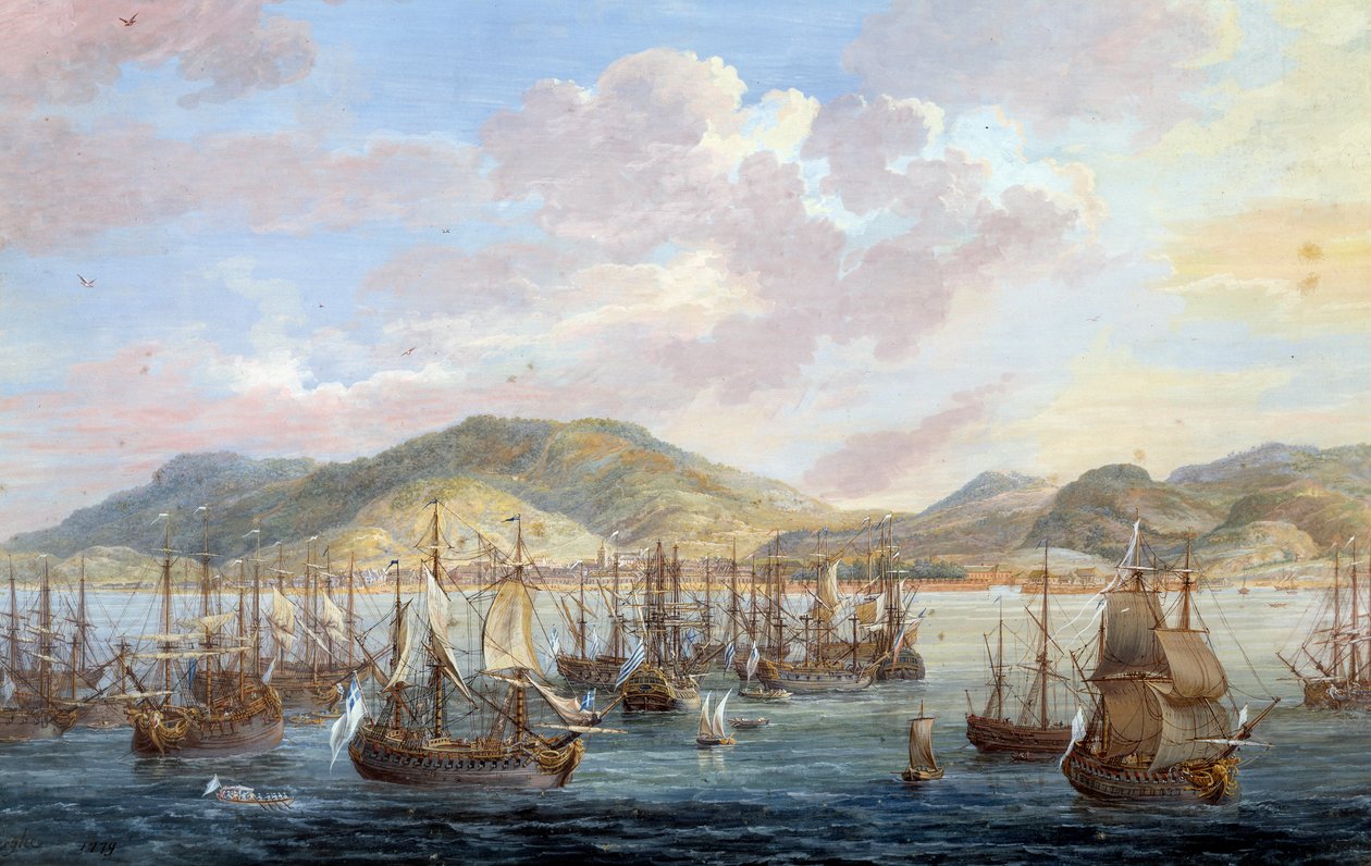 Vista da cidade de Cabo Francais (Cap de la Republique) vista para o mar em Santo Domingo Detalhe. Pintura de Louis Nicolas Van Blarenberghe (1716-1794) 1779 La Rochelle, musee du Nouveau Monde - Vista da cidade de The Cap francais (Cap de la Republique),  de Louis Nicolas van Blarenberghe