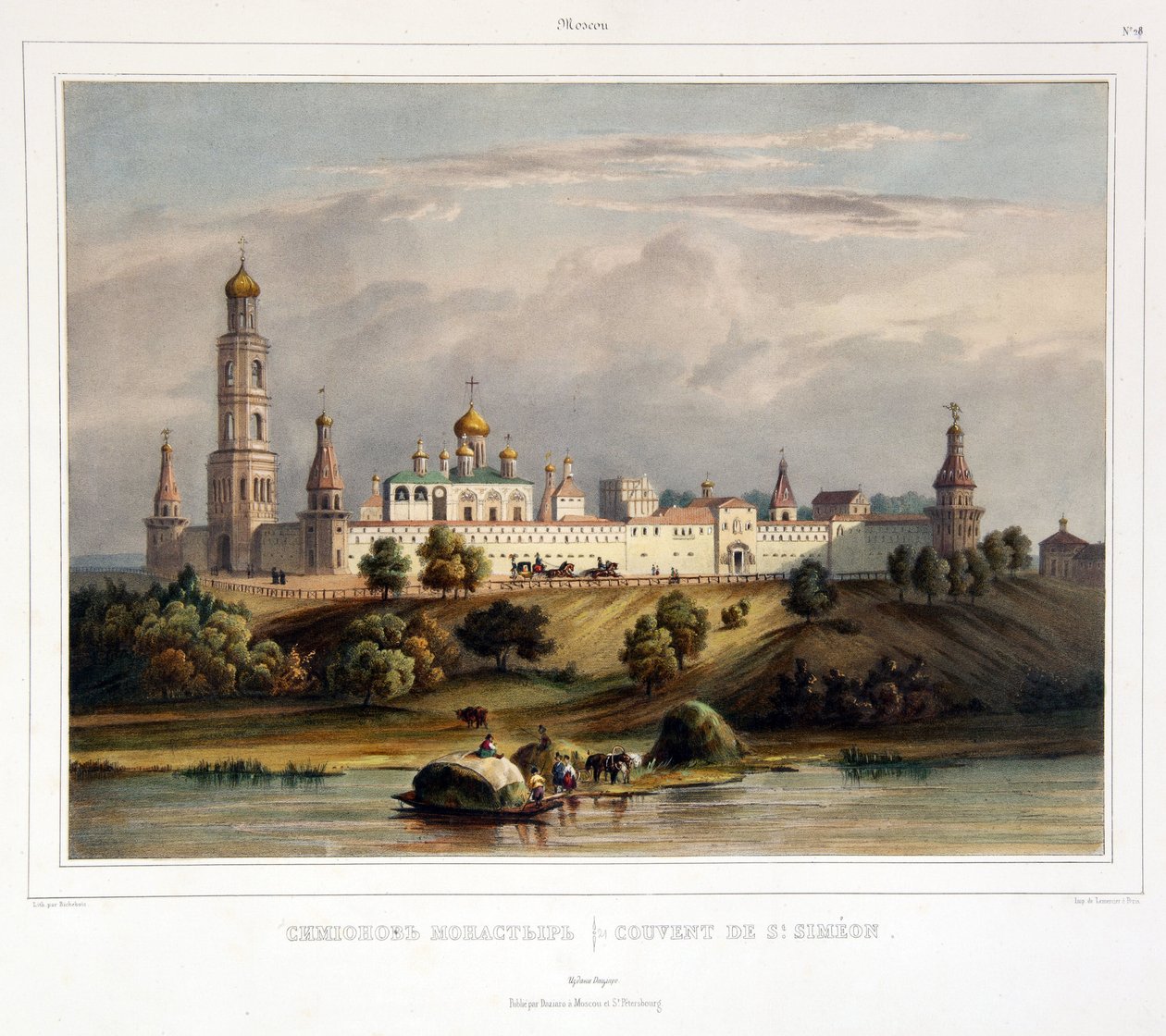 O Convento de São Simão (Simeão), Moscou (Vista do Mosteiro Simonov em Moscou). Obra de Louis Pierre Alphonse Bichebois (1801-1850), gravura colorida em aquarela, início do século XIX. Arte francesa, paisagem, classicismo. Museu Estadual de A.S. de Louis Philippe Alphonse Bichebois