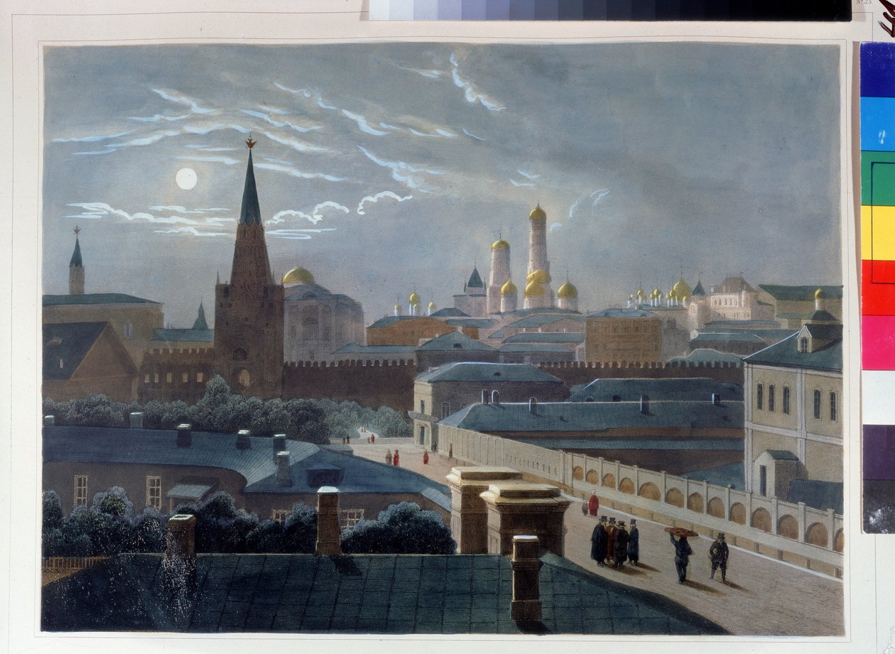Vista do Kremlin de Moscou. Desenho de Louis Pierre Alphonse Bichebois (1801-1850). Litografia colorida em aquarela, por volta de 1830-1840, arte francesa, classicismo. A. Museu Memorial Pushkin, São Petersburgo. ©FineArtImag de Louis Philippe Alphonse Bichebois