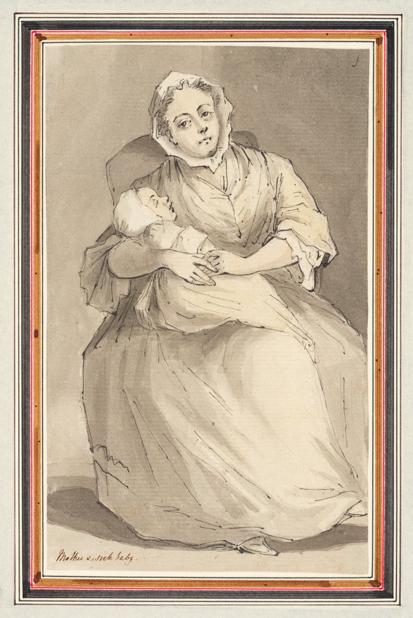 Mulher sentada e criança (lápis, caneta e tinta e aguarela sobre papel) de Louis Philippe Boitard