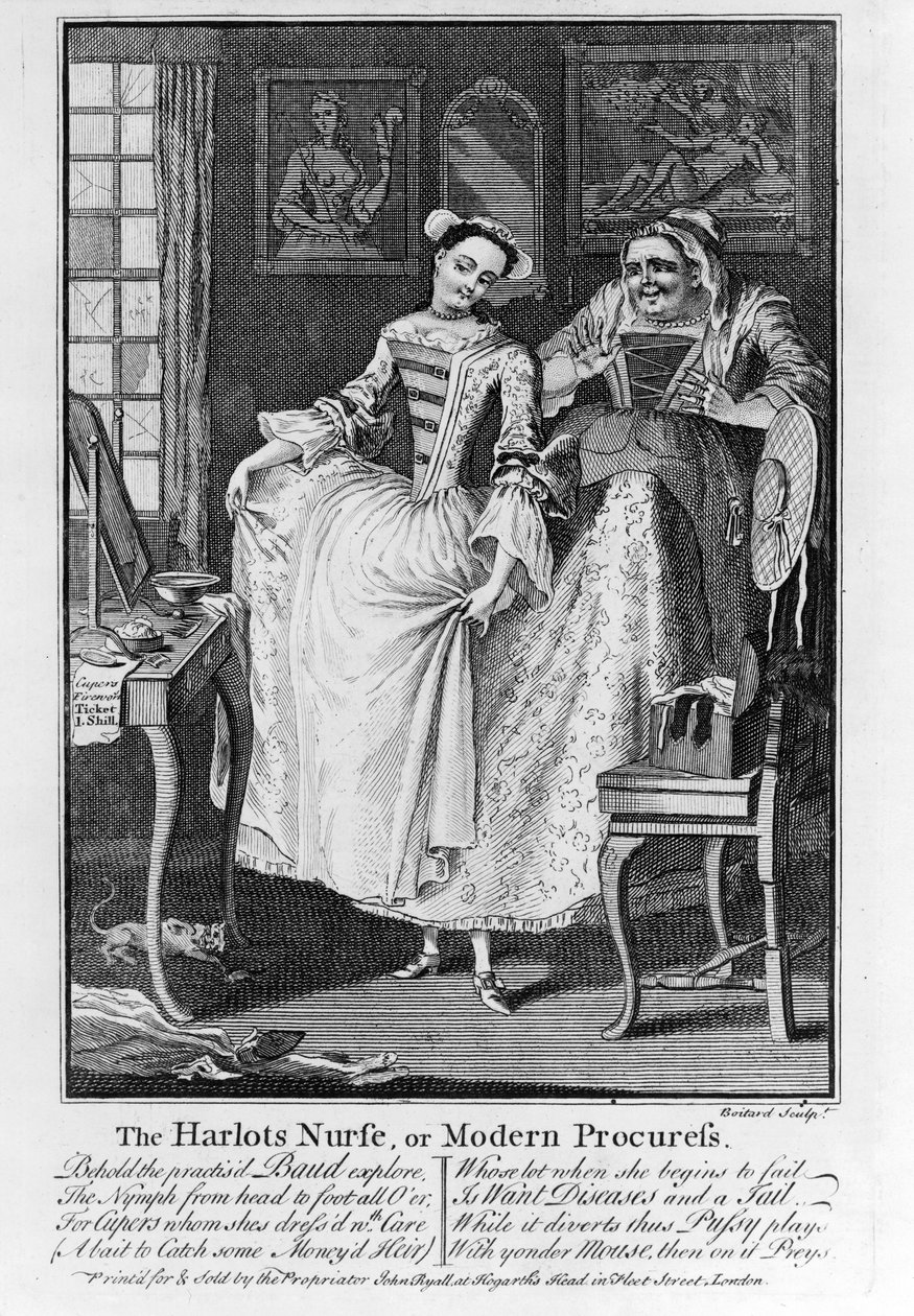 The Harlots Nurse ou Procuress Modern, pub. 1750 (gravura do bw) de Louis Philippe Boitard