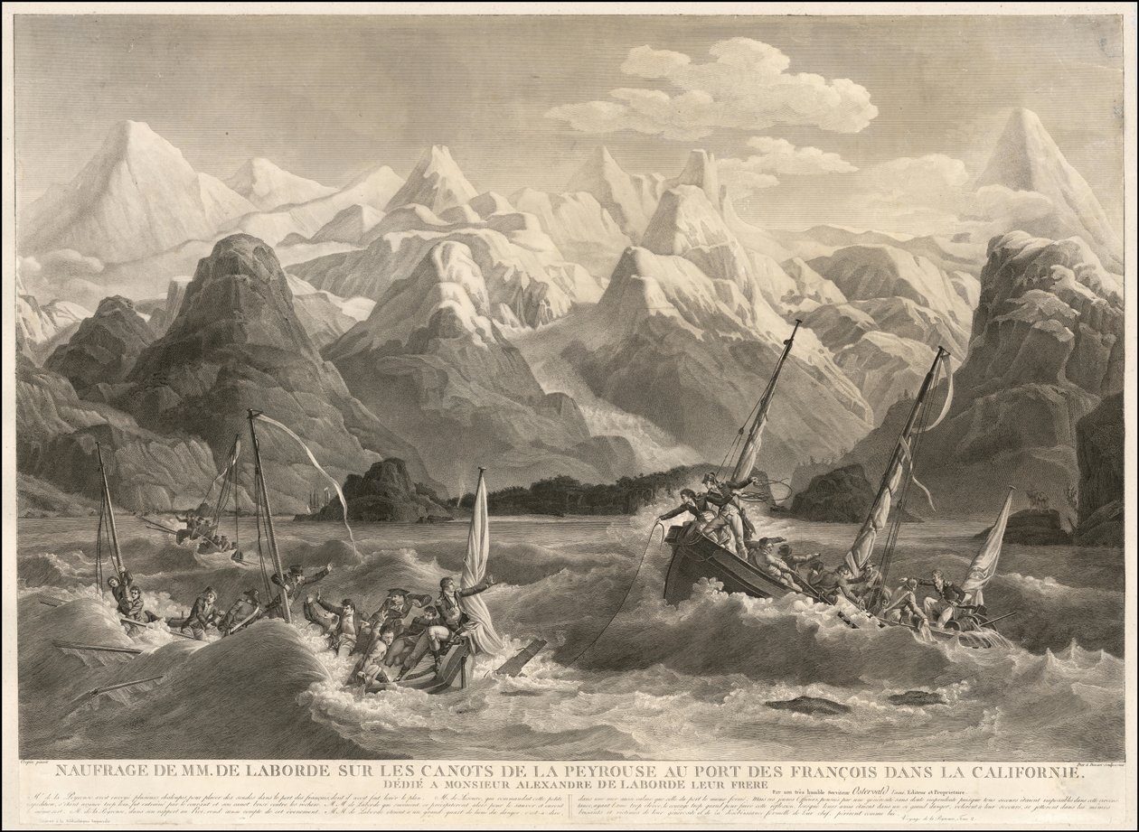 Gravura de 1786 de um naufrágio de dois pequenos barcos que faziam parte da Expedição La Perouse de Louis Philippe Crepin