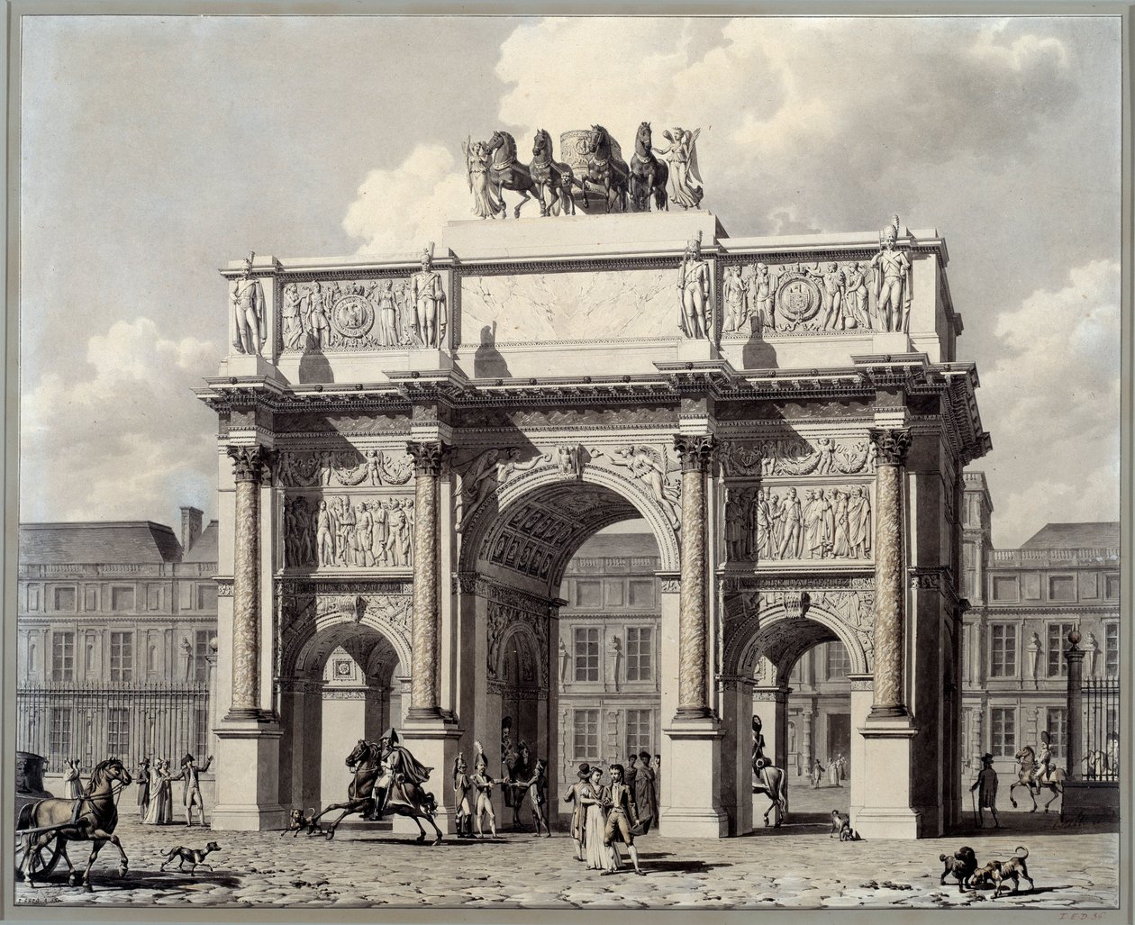 Vista do arco do triunfo do carrossel em Paris. Desenho em caneta e tinta com lavagem de Pierre Louis Balard (1764 - 1846) de Louis Pierre Baltard