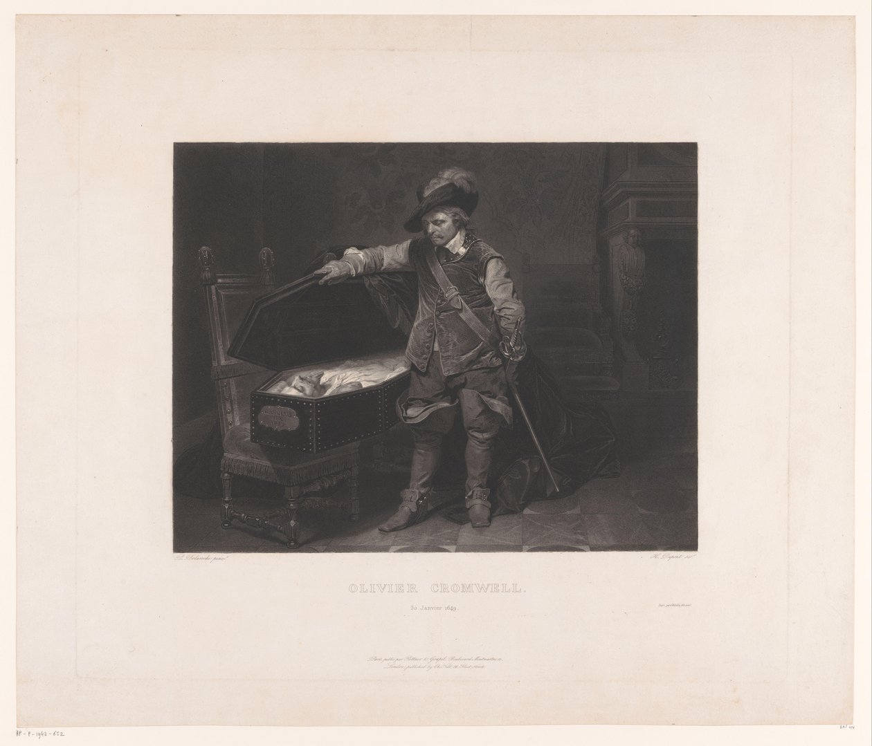 Oliver Cromwell no caixão de Charles I, rei da Inglaterra Oliver Cromwell. 30 de janeiro de 1649 (título no objeto) de Louis Pierre Henriquel Dupont