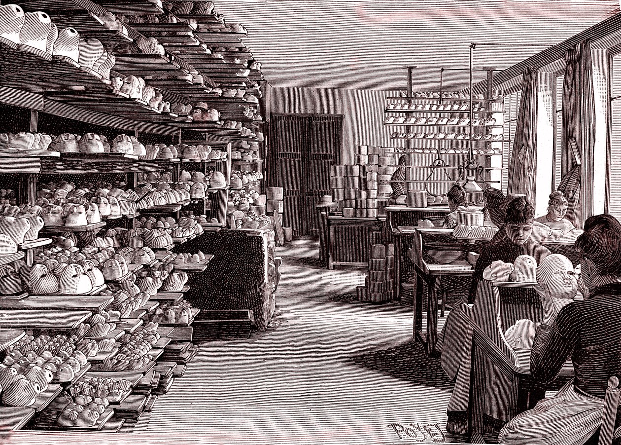 Fábrica de bonecas, secagem de cabeças de bonecas de porcelana antes da cozedura, de "La Nature" de Louis Poyet