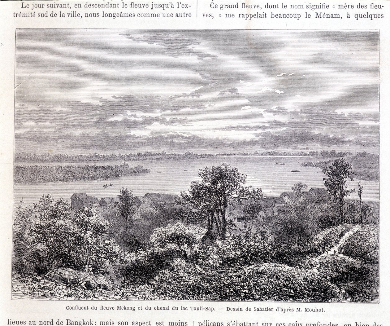 Confluência do Rio Mekong e do Canal do Lago Touli - bofetada. Desenho de Sabatier de acordo com o Sr. Mouhot. "Tour du monde" de Louis Remy Sabatier