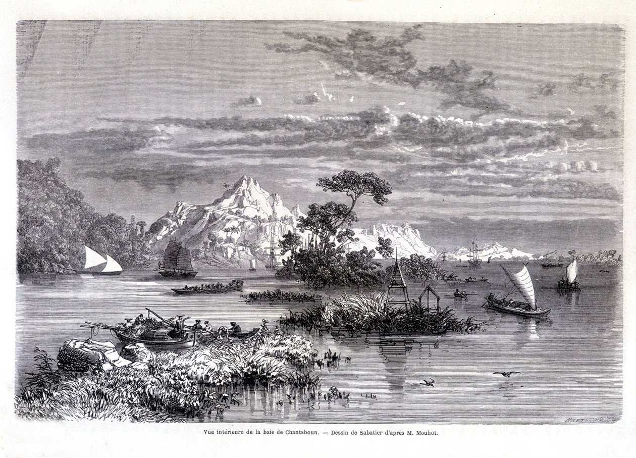 Vista interior da Baía de Chantaboun. 1874. Desenho de Sabatier, segundo o Sr. Mouhot. "Tour du monde" de Louis Remy Sabatier