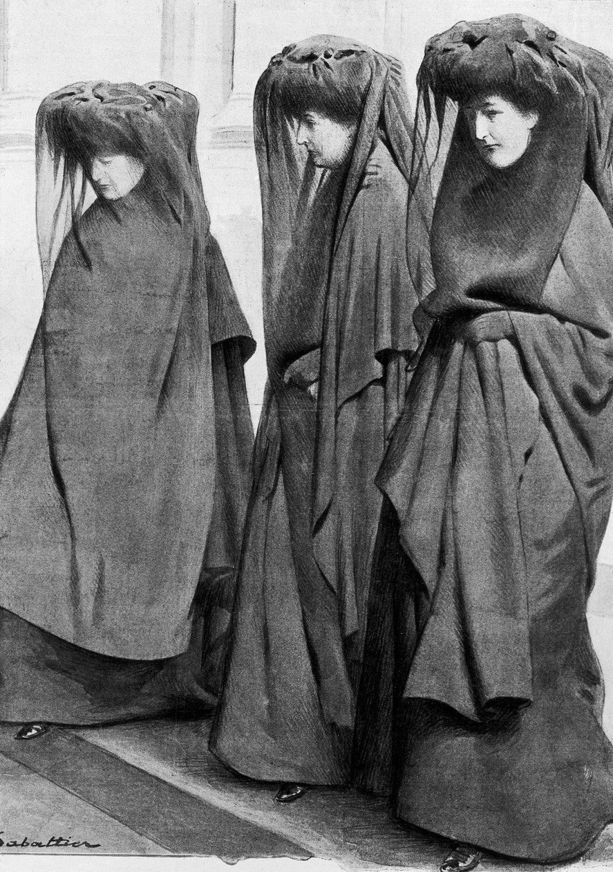 As princesas Louise, Stephanie e Clementine de Saxónia Cobourg (Saxe-Cobourg), de luto pelo enterro do seu pai Rei Leopoldo II da Bélgica (1835-1909), em Dezembro de 1909. Ilustração de Louis Remy Sabattier (1863-1935) de Louis Remy Sabattier