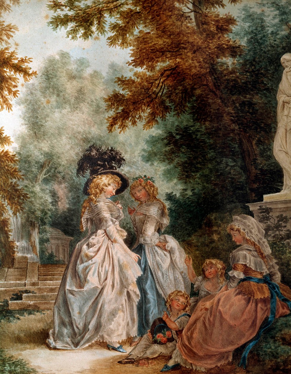 Caminhe no parque Elegant Young Women durante um momento de relaxamento em um jardim. Aquarela de Louis Trinquesse (1746-1800) Século XVIII. Paris, Musee Carnavalet de Louis Rolland Trinquesse