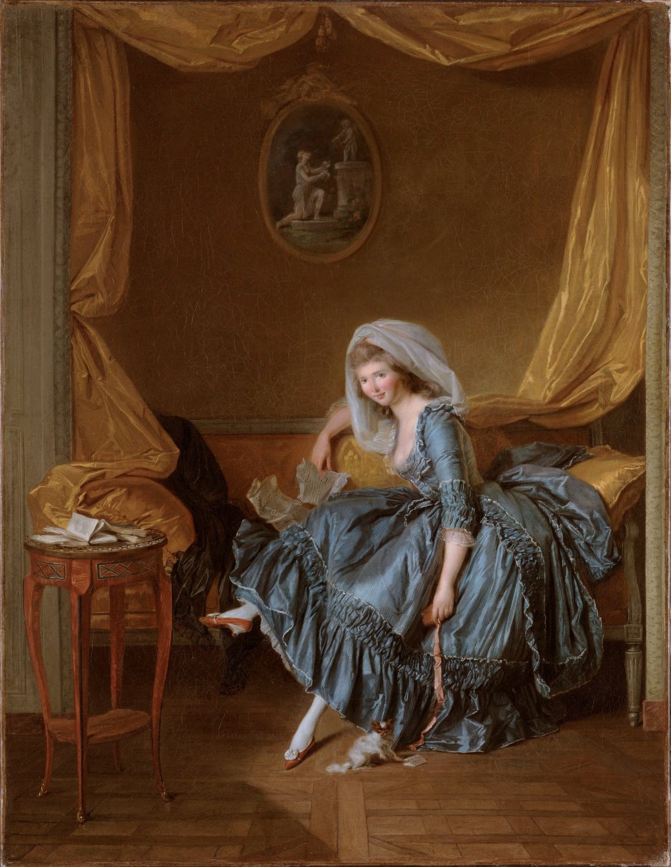 Jovem mulher lendo sua correspondência no quarto de Louis Rolland Trinquesse