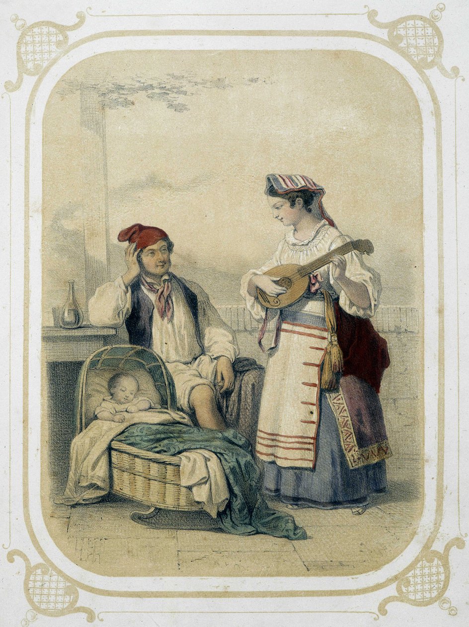 Família no Reino de Nápoles, Itália - in "Album du jeune voyageur", ilustrado por Louis Lassalle de Louis Simon Lassalle