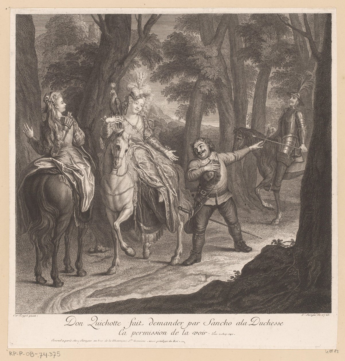 Dom Quixote manda Sancho pedir permissão à Duquesa para vê-la Don Quichotte fait demander par Sancho ala Duchesse ca permission de la voir (título no objeto) História de Dom Quixote de La Mancha (título da série) de Louis Surugue