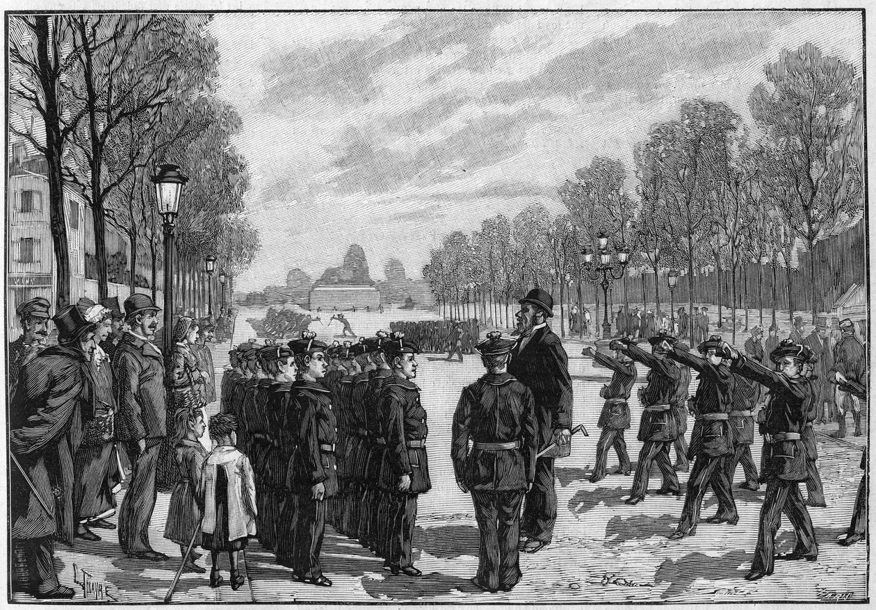 Exercício dos batalhões da escola no Boulevard Saint Jacques em Paris de Louis Tinayre