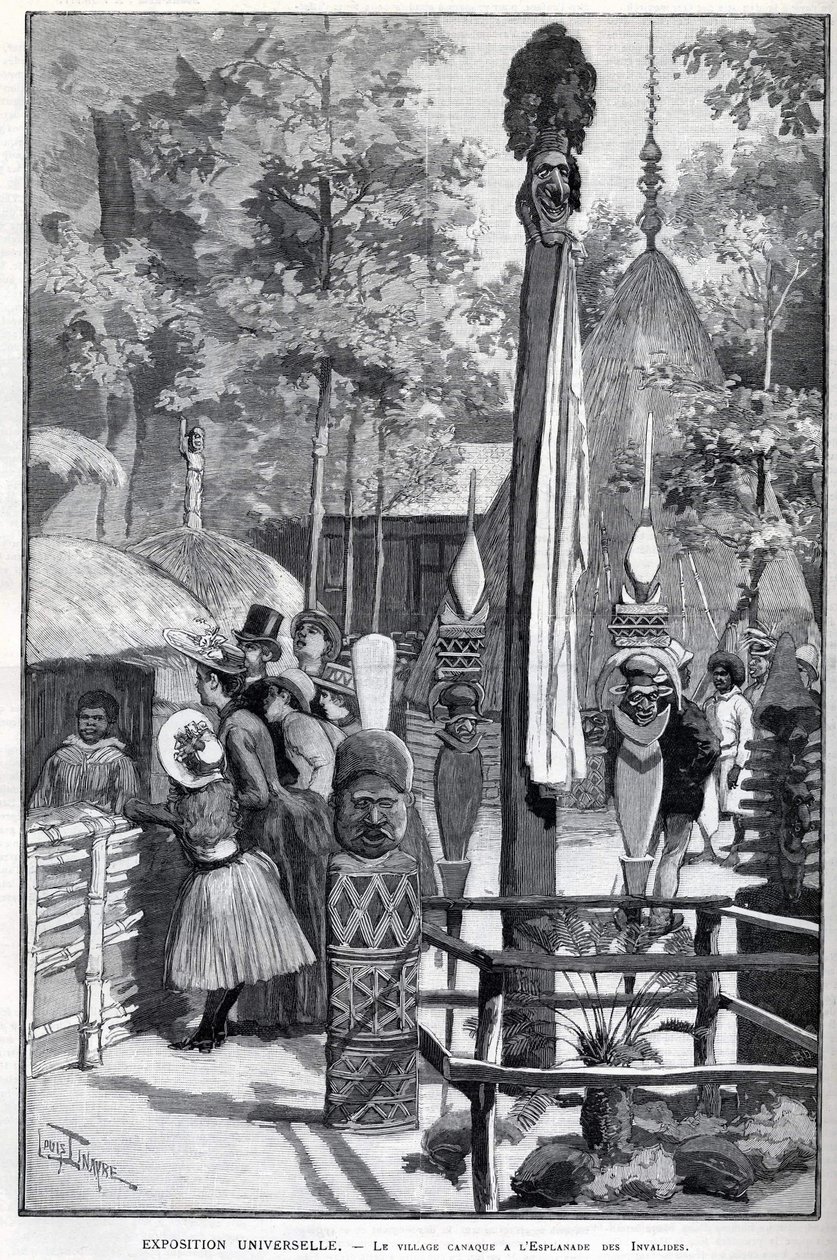 Exposição Universelle 1889 - A aldeia de canaque na Esplanada dos Inválidos (os canaques expostos durante a exposição: Zoo Humane). Desenho de Louis Tinayre (1861-1942) - em "O Mundo Ilustrado" de 22/07/1889. de Louis Tinayre