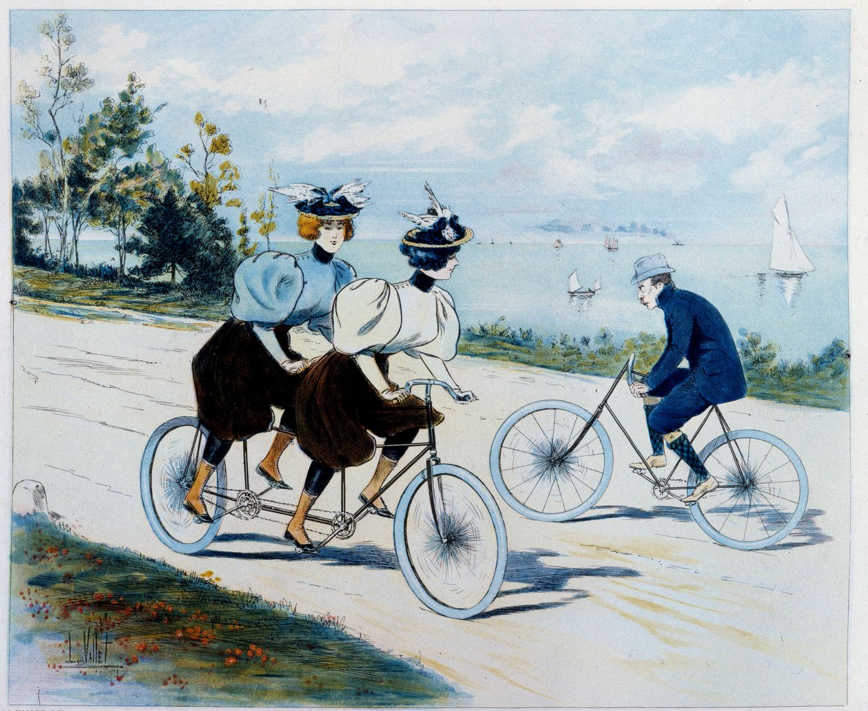 Passeio de domingo. Passeio de bicicleta: um homem de bicicleta olha para duas mulheres em tandem. Desenho de Louis Vallet (1856 -?) de Louis Vallet