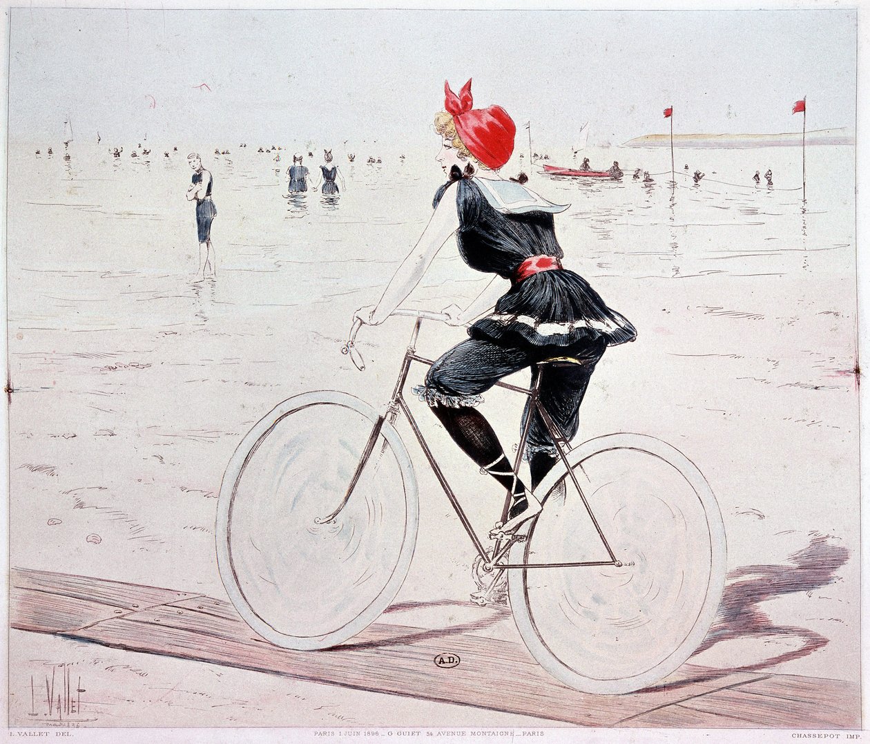 Mulher de bicicleta na praia - desenho de L. Vallet de Louis Vallet