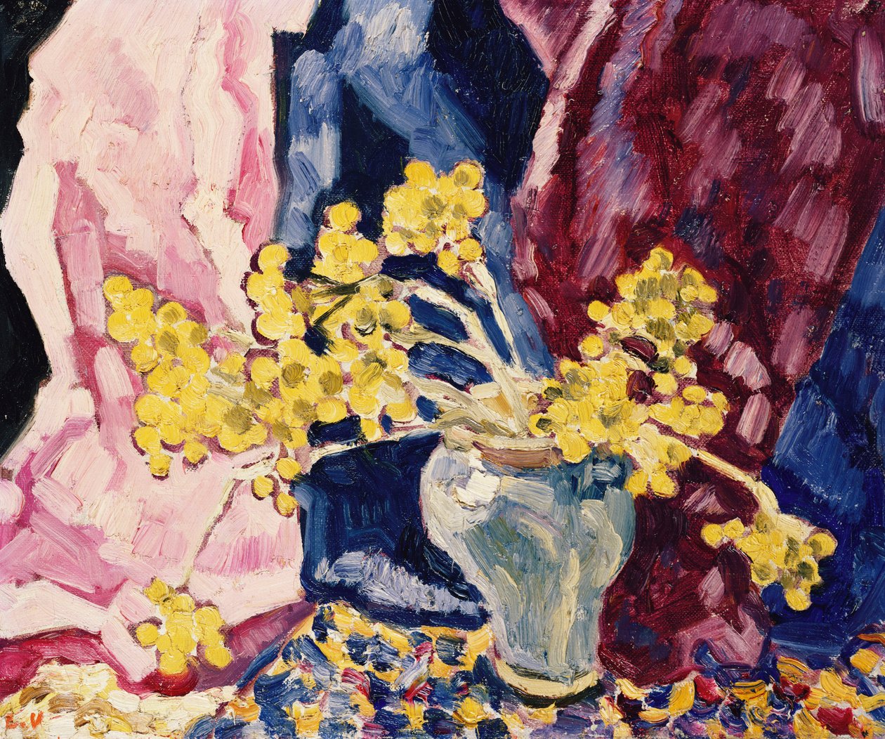 Vaso Azul, Flores e Cortinas Amarelas, c.1938 (óleo sobre tela) de Louis Valtat