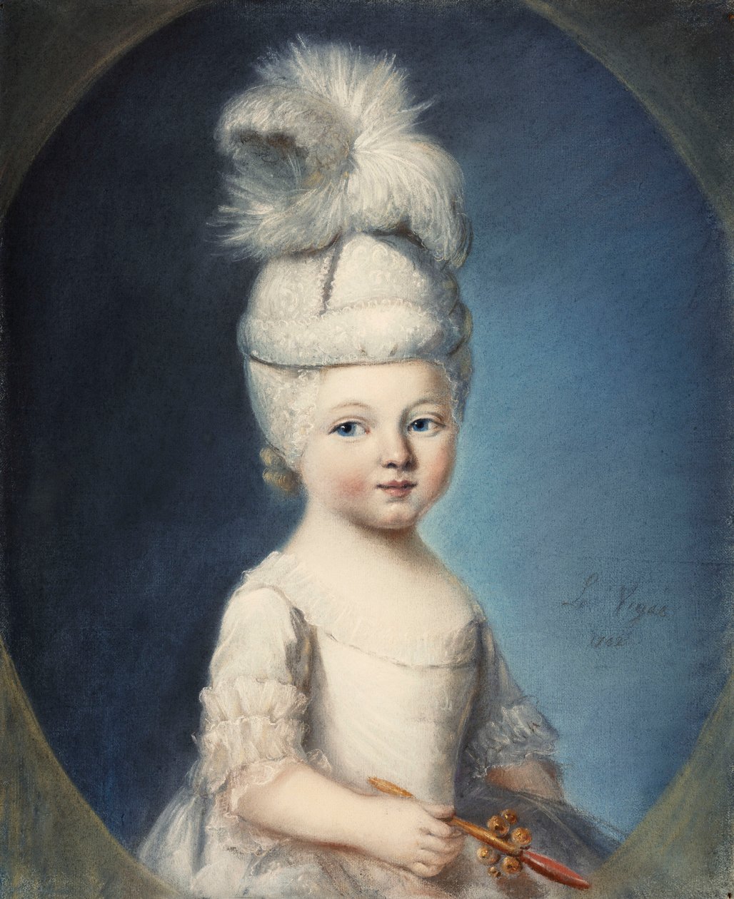 Retrato do Marquês de Fleury como um bebê em um chapéu acolchoado, com uma pluma, segurando um chocalho de dentição em ouro e coral, 1762 de Louis Vigee