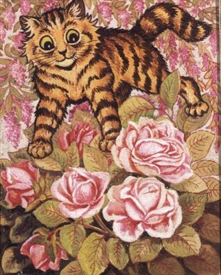 Um gatinho escondido numa mata rosa de Louis Wain