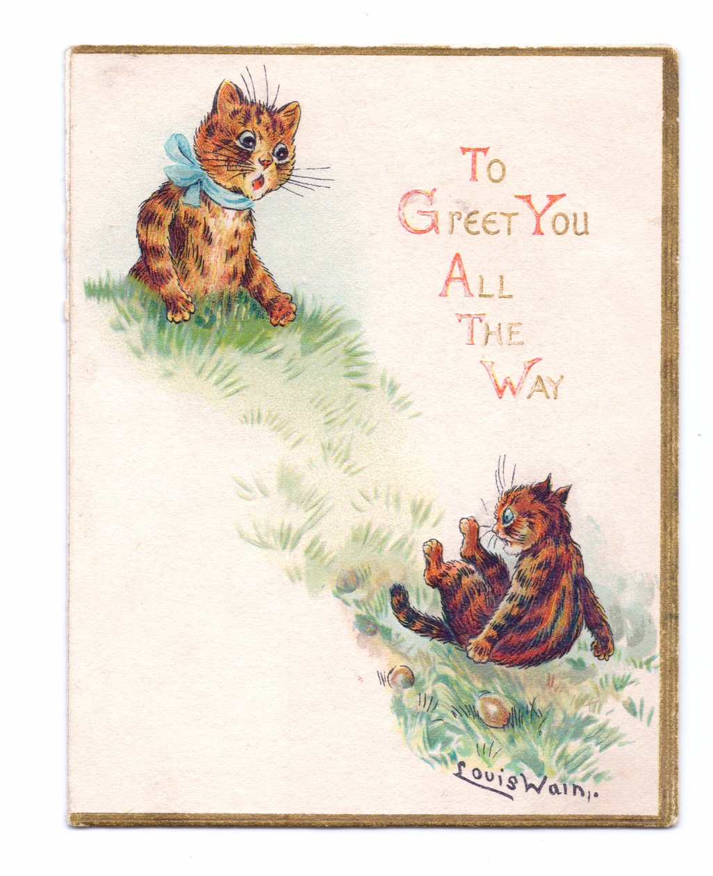 Um cartão vitoriano de dois gatos, um tomando um tombo e o outro parecendo surpreso, c.1880 de Louis Wain